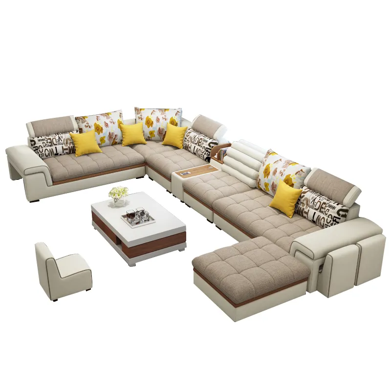 مجموعة أريكة الأثاث أحدث غرفة المعيشة المنزلي الأثاث أريكة 7 مقاعد الحديثة نمط مجموعة كنب خشبي تصاميم