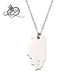Loordon Stainless Steel Initial Geometry USA State Charm Map Necklace
