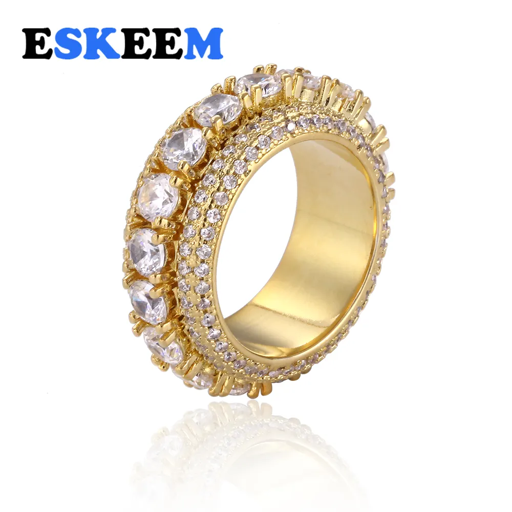 Anel de dedo do hip hop, anel de laboratório de cinco fileiras cz brilhante diamante personalizado homens giratório