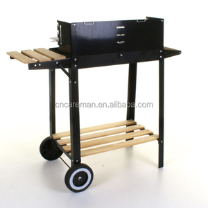 정원/안뜰을 위한 나무로 되는 선반 그리고 방풍 방패를 가진 철 장방형/직사각형 <span class=keywords><strong>2</strong></span> 바퀴 트롤리 목탄 바베큐 BBQ 석쇠 - Product Image 4