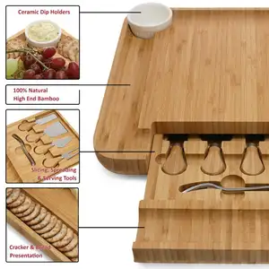 Бамбуковая доска для сыра, 100% натуральный, 6 предметов, набор столовых приборов в выдвижном ящике, самая сильная и тяжелая тарелка для колбасных изделий