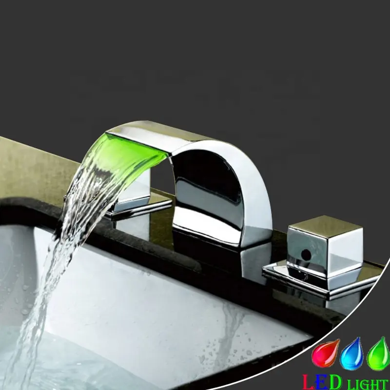 LED色変更注ぎ口滝洗面器の蛇口広範囲のデュアルハンドルバスルーム洗面器シンクミキサー真鍮ホットコールドバニティシンクタップ