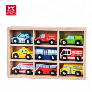 New Children Educational Play Racing 9 Pcs Vehicle Set Traffic Wooden Car Toy For Kids