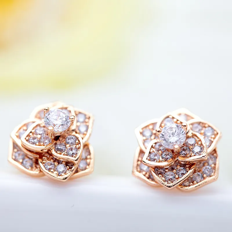 LUOTEEMI Trendy Statement Rose Flower Cubic Zircon 18K Champagne Gold Plated Stud Earrings For Women Luxury Brincos