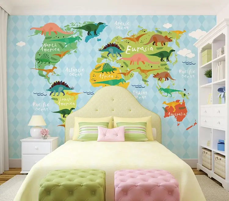 Beautiful Nature Cartoon Figure Dinosaur World Map Textile Mural Wallpaper 3D for Kids Room