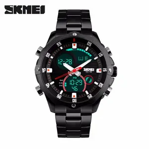 SKMEI 1146 new dual time led analog clock alarm watch luxury stainless steel strap men 2023 waterproof quartz digital watch