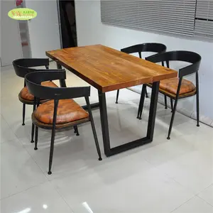 Perabot rumah desain Modern kayu Solid meja makan dengan dasar logam gaya industri kayu rumah kantor meja kursi Set