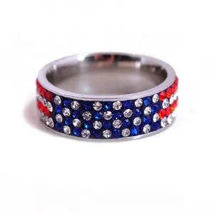 Wholesale fashion jewelry stainless steel custom multicolor crystals rhinestone diamond US United States flag vote ring
