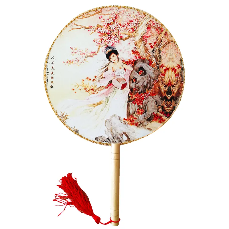 हैंड फैन प्रोमोशनल गोल लकड़ी का बांस नया चीनी वर्ष लोक कला प्रोमोशनल उपहार फूल हस्तनिर्मित सफेद कूलिंग या उपहार