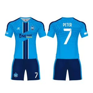 最新定制高中蓝色最酷足球球衣足球套装球员运动制服设计训练 t恤