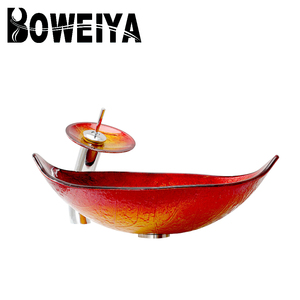 Hot Sale Bentuk Daun 12Mm Ketebalan Kamar Mandi Merah Kaca Kapal Mangkuk