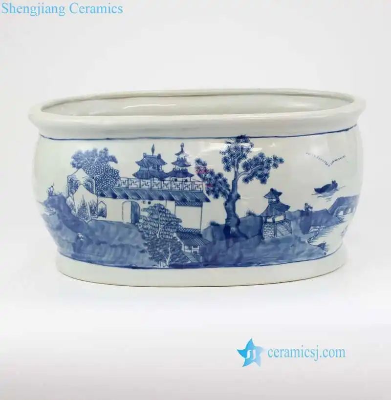 RYVM33 Blue and white Aisan ancient architecture orchid ceramic pot