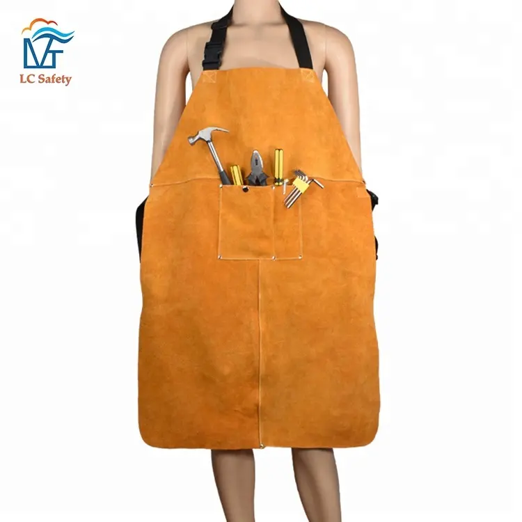 Custom Heat Resistant Yellow Cow Leather Welding Apron for Industrial Work