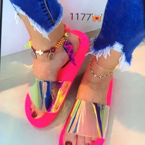 Zapatillas transparentes de lentejuelas para mujer, zapatos de playa de suela suave multicolor, sandalias de arcoíris, SD-042, novedad de 2019
