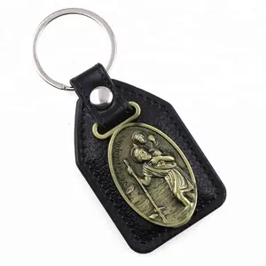 Catholic Leather Keychain Metal St Christopher Medal Key ring