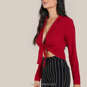 <span class=keywords><strong>Manga</strong></span> <span class=keywords><strong>larga</strong></span> frente nudo hundiendo solapa <span class=keywords><strong>crop</strong></span> <span class=keywords><strong>top</strong></span> blusa - Product Image 2