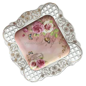 Ceramic Hollow royal fine porcelain plate square shape dinner plates with flower decal