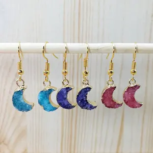 Boho natural style mini cute earring horn drusy quartz hoop jewelry moon druzy multi colors sweet heart earrings for women