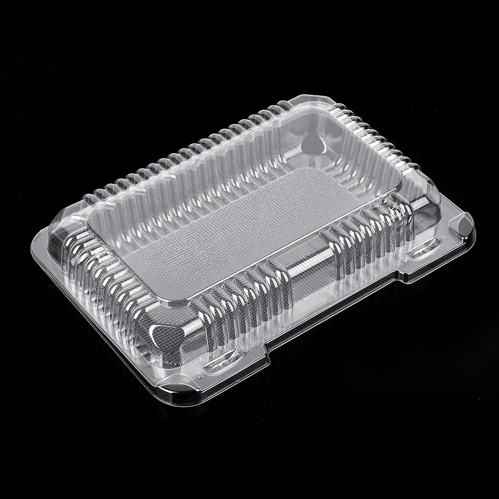 Vente en gros Récipients d'emballage à clapet/à charnière en plastique PET rectangulaires jetables transparents pour aliments/gâteaux