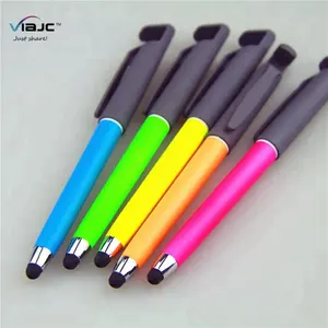 Pena Neon Warna-warni 4 Dalam 1, Dilapisi Karet Lembut dengan Pena Stylus Highlighter, Pemegang Telepon, Pena Ballpoint Berdiri