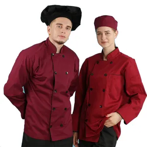 酒红色涤棉混纺现代酒店客房服务接待经理和厨师制服