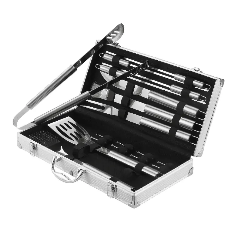 Outil de barbecue en acier inoxydable, spatule, pince, fourchette, outil de barbecue avec étui de transport en aluminium, 18 pièces