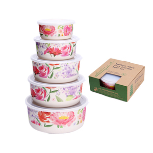5 pcs Kitchen custom round hot airtight stackable bamboo fiber food container bamboo storage box with lid