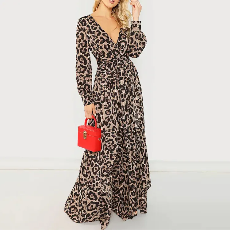 Long Leopard Print Overlap Maxi Dress