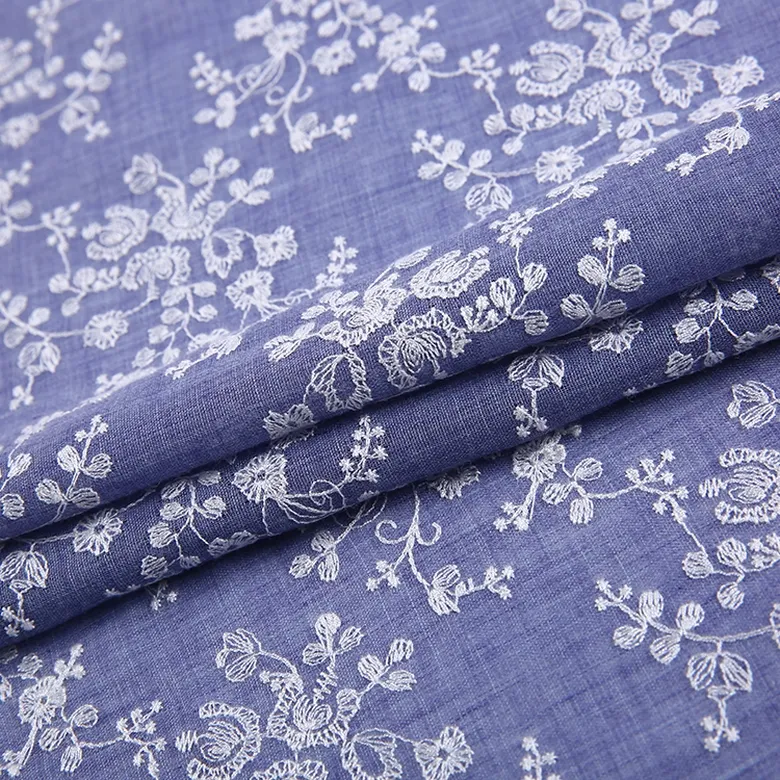 Good quality garment design flower embroidery blue polyester tc cotton fabric