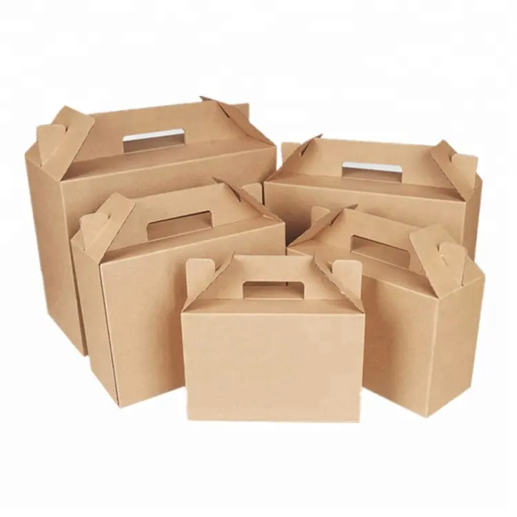 Venta al por mayor de embalaje de alimentos de bloqueo automático Fondo casa en forma de kraft marrón de gable caja de regalo de caja de papel con mango