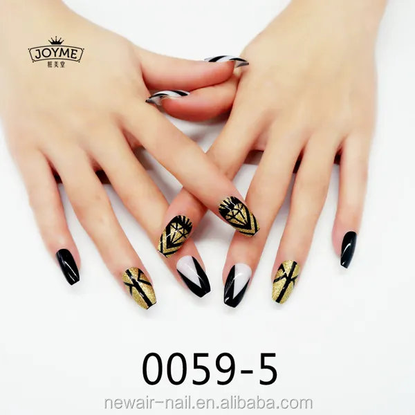 New products glitter gold black short coffin nail art press on nail tip false full cover artificial fingernail