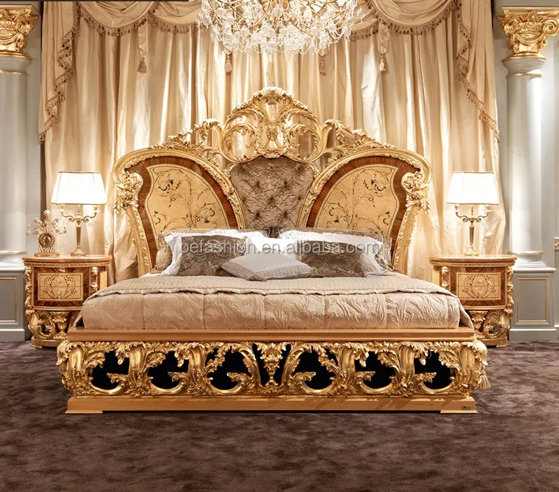 OE-FASHION Home Wooden Bedroom Furniture - Luxury Gold Carved Bed Furniture