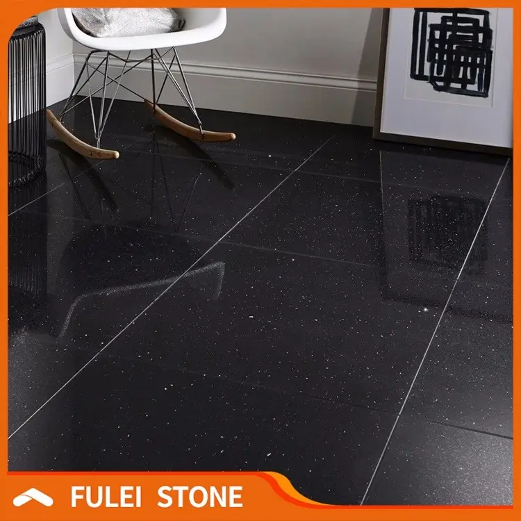 Carrelage de sol en pierre à quartz noir brillant, carreaux de qualité supérieure, 1 pièce