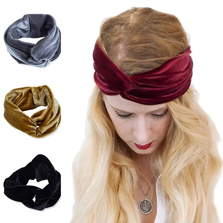HZM-18146 Velvet Vintage Wide Cross Headbands Floral Head Wrap Turban Hairbands Twisted Hair Band Accessories for Women