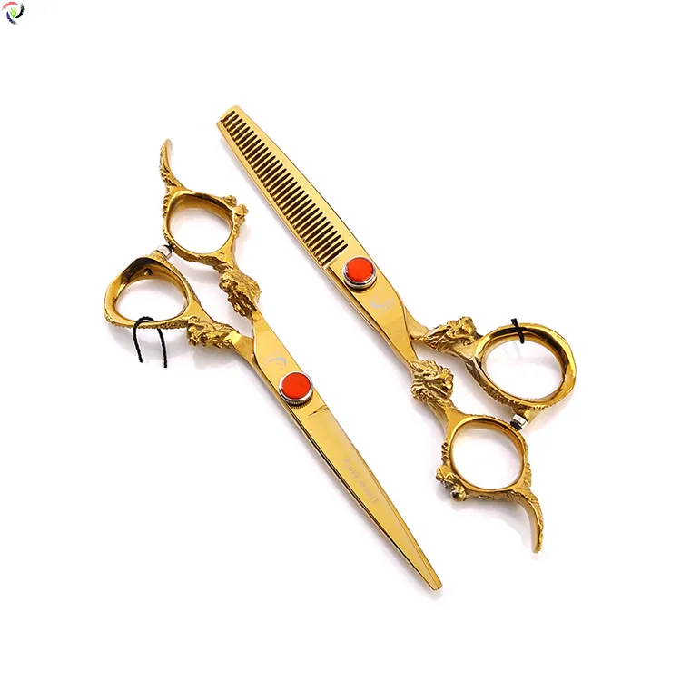 Golden hair scissors set Gold titanium 5.5 and 6.0 inch hair cutting scissors and hair thinning scissors