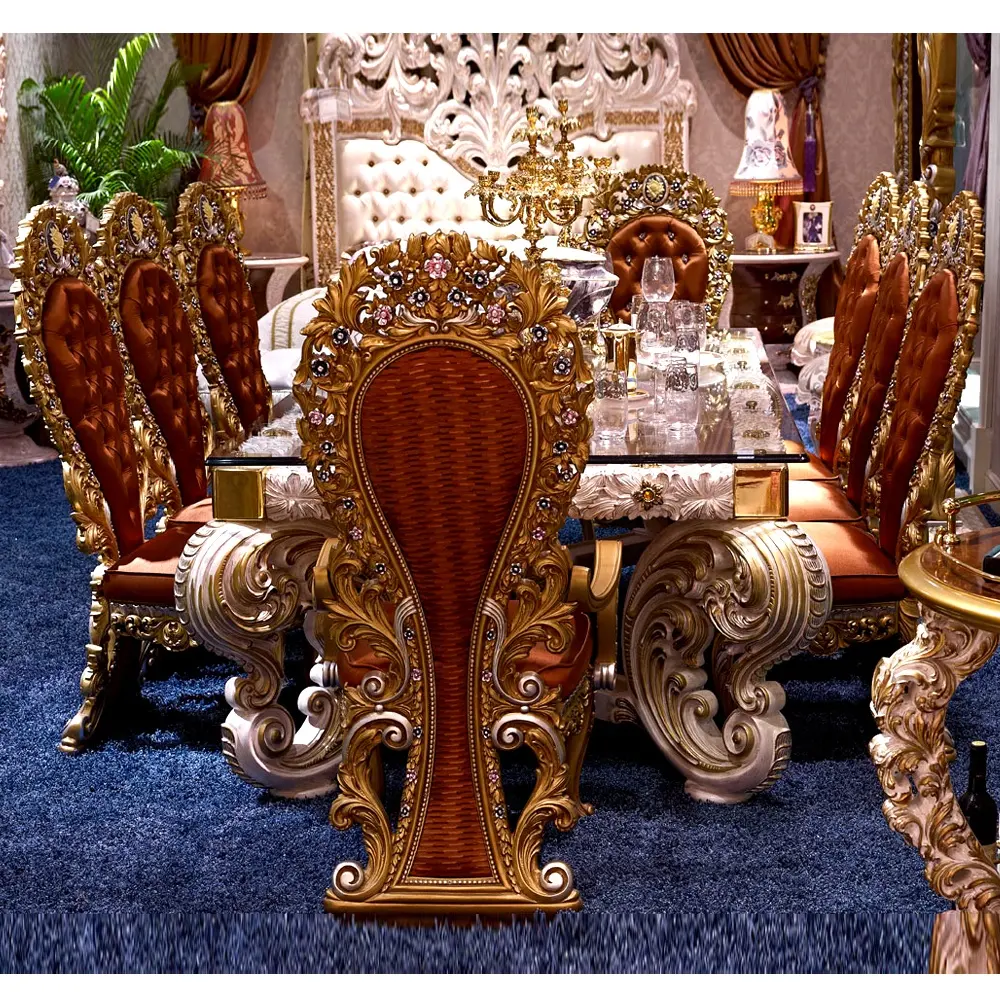 Mesa de comedor con armario para 8 personas, diseño Italy master, de lujo, color marfil y dorado, uso doméstico