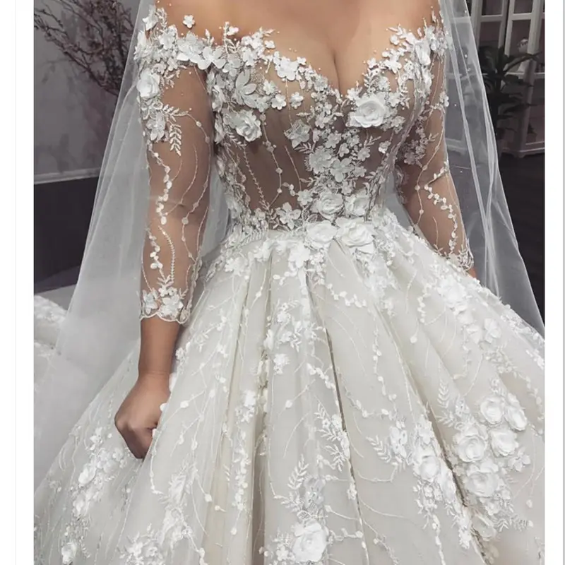 2022 3D flowers pearls beads wedding dress ball gown bridal dress nude mesh 3/4 sleeves long train button back