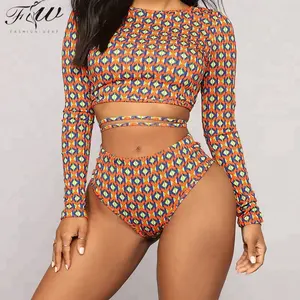 Manga larga UPF50 + rash guard Flora cintura alta personalizado digital impreso más tamaño bikini traje de baño