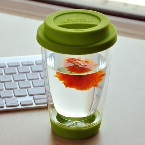 Double wall glass coffee cup with silicone base and lid