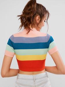 Hot Selling Custom Top Quality Cotton Short Sleeve Fitted <strong>Rainbow</strong> Stripes Crop Top <strong>T</strong> <strong>Shirts</strong> Women - Product Image 4