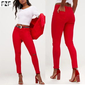 China Factory OEM Hot Selling <strong>Women</strong> <strong>Red</strong> Ripped Knee Denim <strong>Jean</strong> - Product Image 2