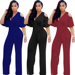 Tuta Aderente Sexy Estiva con Maniche Corte e Spalle Scoperte, Pantaloni Lunghi, Taglie Forti, Abbigliamento <span class=keywords><strong>Donna</strong></span> E3186 - Product Image 3