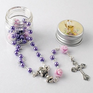 Rosario Cattolico per Prima Comunione <span class=keywords><strong>con</strong></span> Perle di Vetro da 4mm e Perle di <span class=keywords><strong>Corallo</strong></span> Rosa, Collana per Battesimo <span class=keywords><strong>con</strong></span> Scatola in Vetro e Adesivo a Forma di Calice - Product Image 5