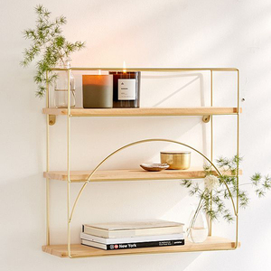 Nordic Simple Design Decorative <strong>Gold</strong> Metal Wire Solid Wood <strong>Wall</strong> <strong>Shelf</strong> for Storage - Product Image 2