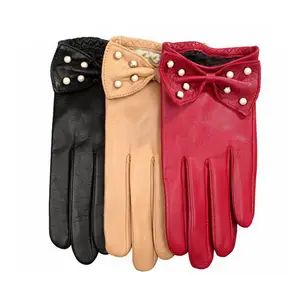 Gants en cuir de mouton noir, pour femmes, robe avec nœuds imprimés à pois, taillés, pour dames,