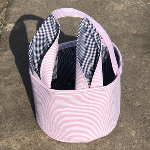Blank Kids Seersuck Gingham <strong>Easter</strong> <strong>Basket</strong> Egg Decoration Candy Storage Bucket Canvas <strong>Easter</strong> <strong>Bunni</strong> <strong>Basket</strong> for Embroidery - Product Image 2