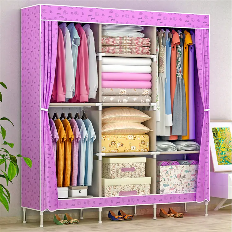 1383-1 Non Woven Bedroom Furniture Folding Fabric Wardrobe Shelves Hanging Bar Shoes Clothes Organizer Closet