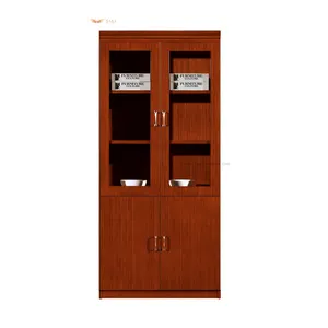 HY-C0402 办公家具定制柚木实木仿古木制文件柜，带 2 个玻璃门