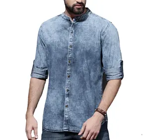 OEM Service Custom Logo Fashion Men Blue Regular Fit Faded Denim Casual Jeans Shirt Men