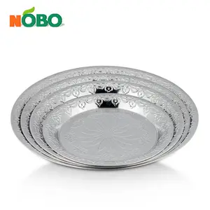 Nampan Koktail Teh Dekorasi Maroko, Nampan Melayani Logam Perak Bulat Besar Stainless Steel